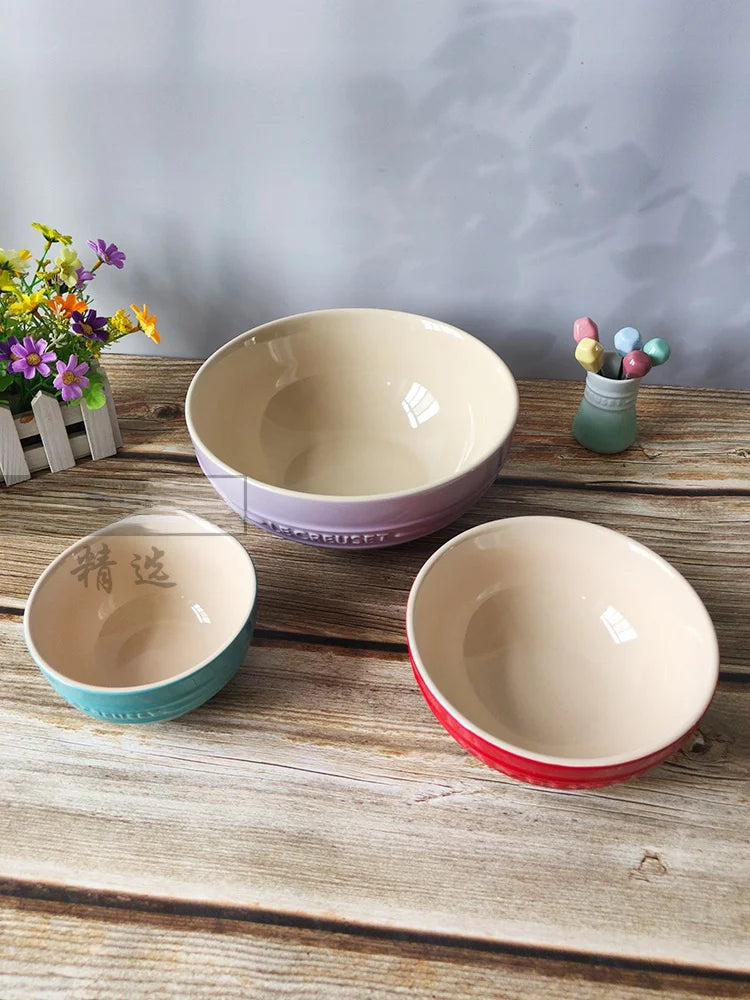 Cuenco de porcelana esmaltada de colores fríos Le Creuset, cuenco de arroz, cuenco para sopa con cara de arcoíris, cuenco francés con diseño de mono redondo para uso doméstico