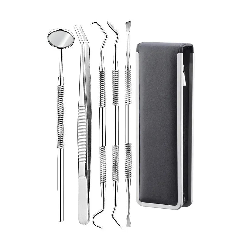 Juego de herramientas de acero inoxidable para dentistas, 4, 5 y 6 piezas, pinzas, azada, hoz, raspador, espejo, limpieza de sarro.