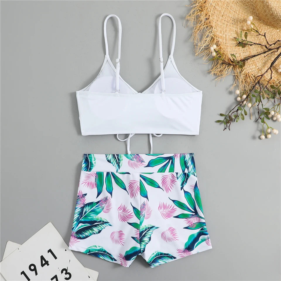 Bikini con cordón y estampado tropical para mujer, traje de baño de cintura alta con lazo frontal, pantalones cortos, traje de baño sexy para mujer, ropa de playa de verano