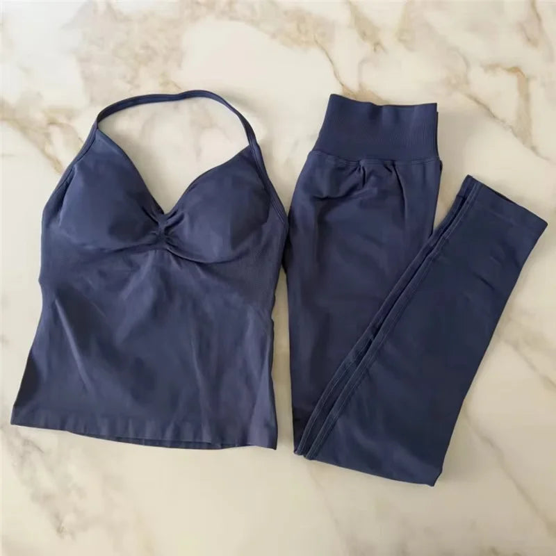 Conjunto de 2 piezas de yoga para mujer, leggings de cintura alta sin costuras, sujetador deportivo, ropa de entrenamiento, ropa deportiva para correr