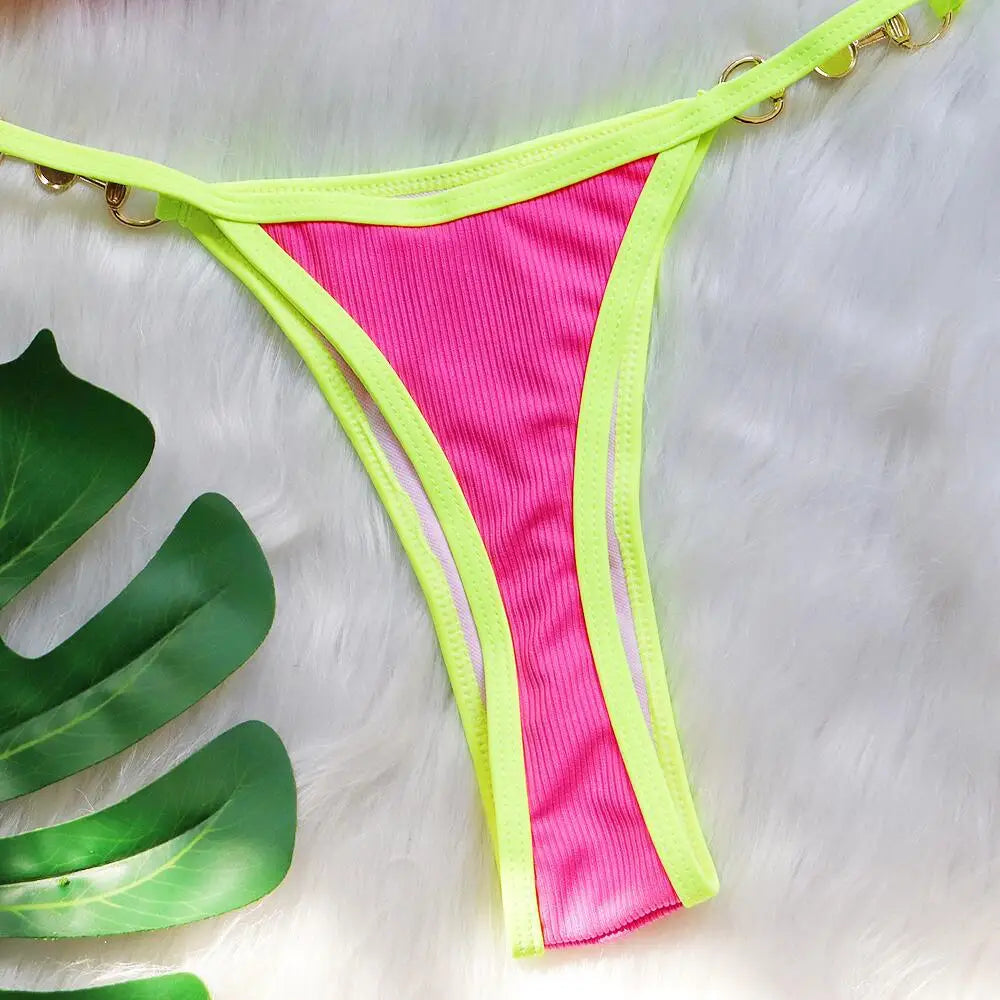 Bikini sexy con cuello halter y perlas para mujer, traje de baño femenino de dos piezas con ribete acanalado