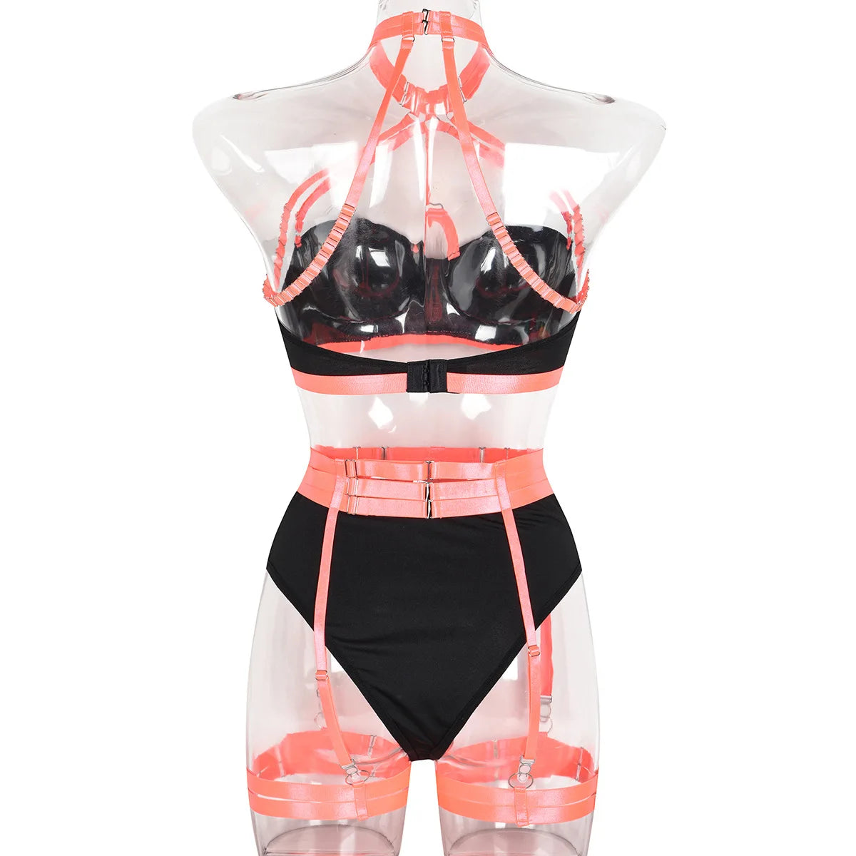 Conjunto de lencería sexy para mujer, con panel de encaje, escote en V profundo, glúteos abiertos, tirantes con forma de corazón de melocotón, cadena cruzada, liguero, ropa interior de tres piezas
