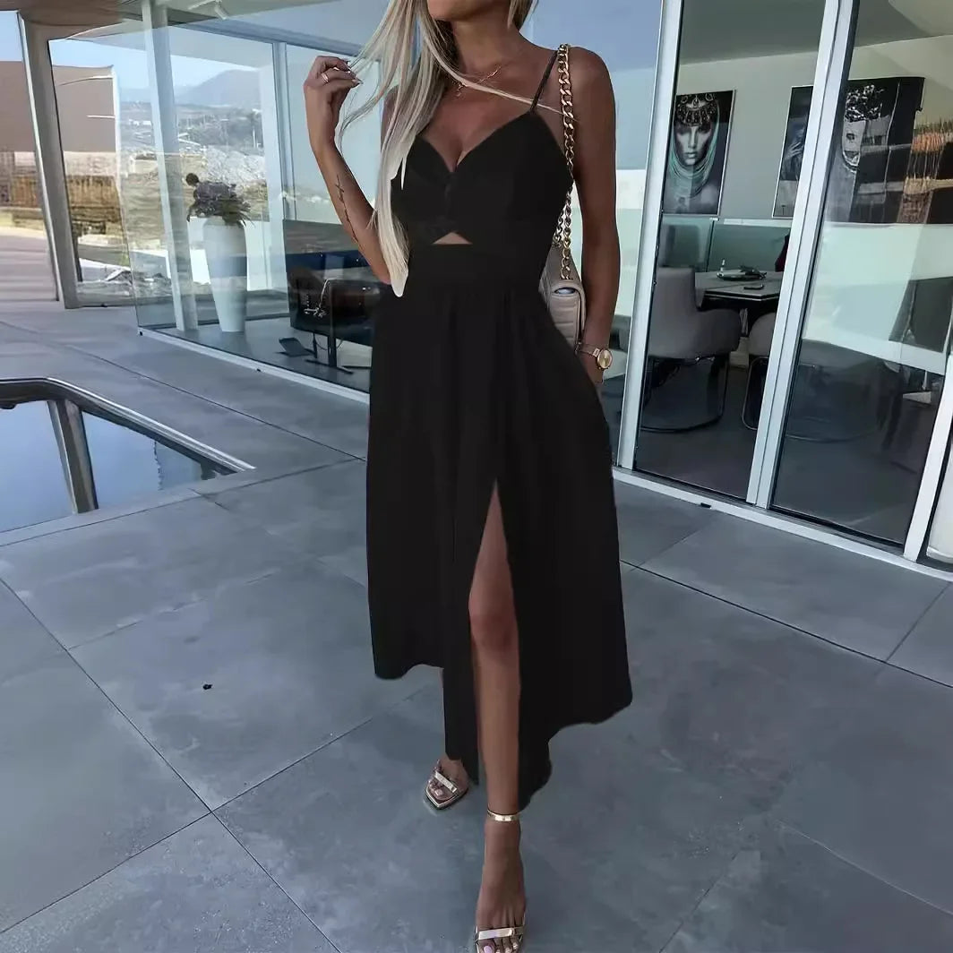 Vestido de mujer con nuevo estilo, cuello en V, corte amplio, que estiliza y suaviza la silueta, espalda abierta y largo medio.