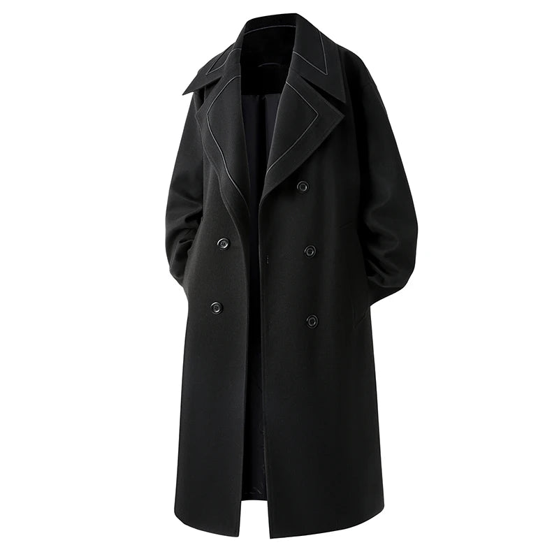 Trench Men Long Woolen Coats Autumn Winter Fashion Turn Down Collar Casual Outwear Male Double Breasted Loose Solid Chic Coat