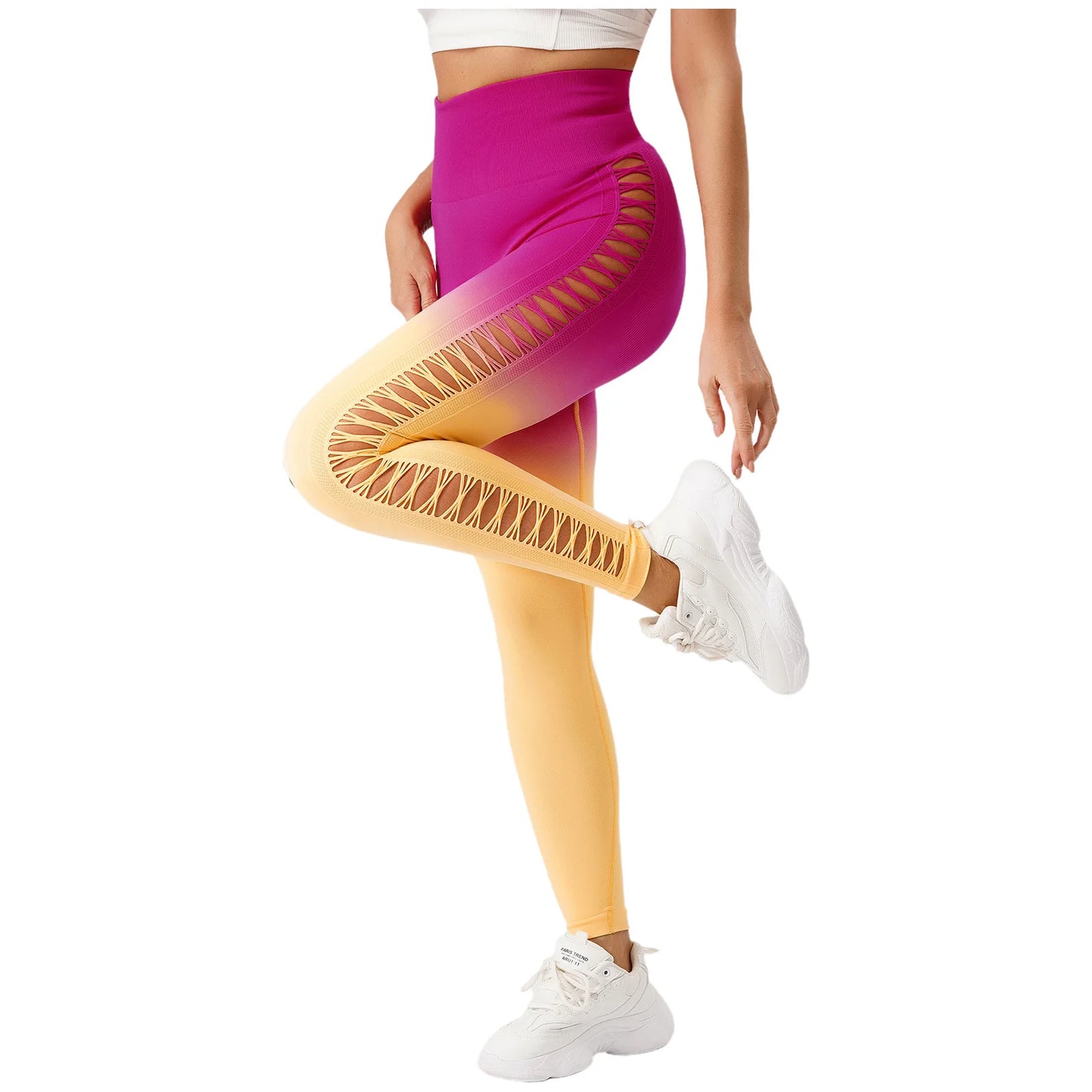 Womens Hip Tight Yoga Pants High Waist Side Hollowed-Out Mesh Design Exercise Yoga Leggings Running Gym Fitness