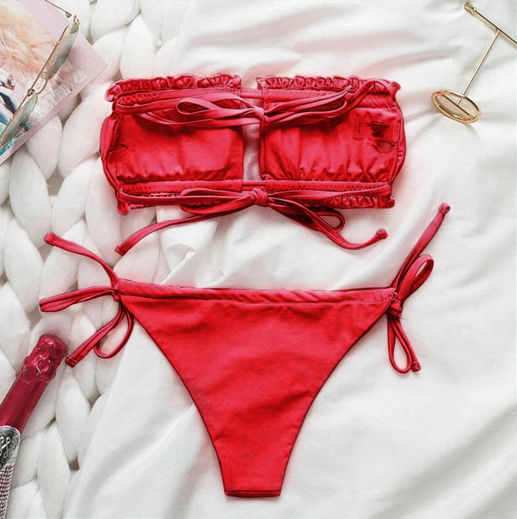 Traje de baño brasileño con tanga y cordones para mujer, traje de baño de verano sin tirantes, bikini de leopardo, micromini Maya, 2024