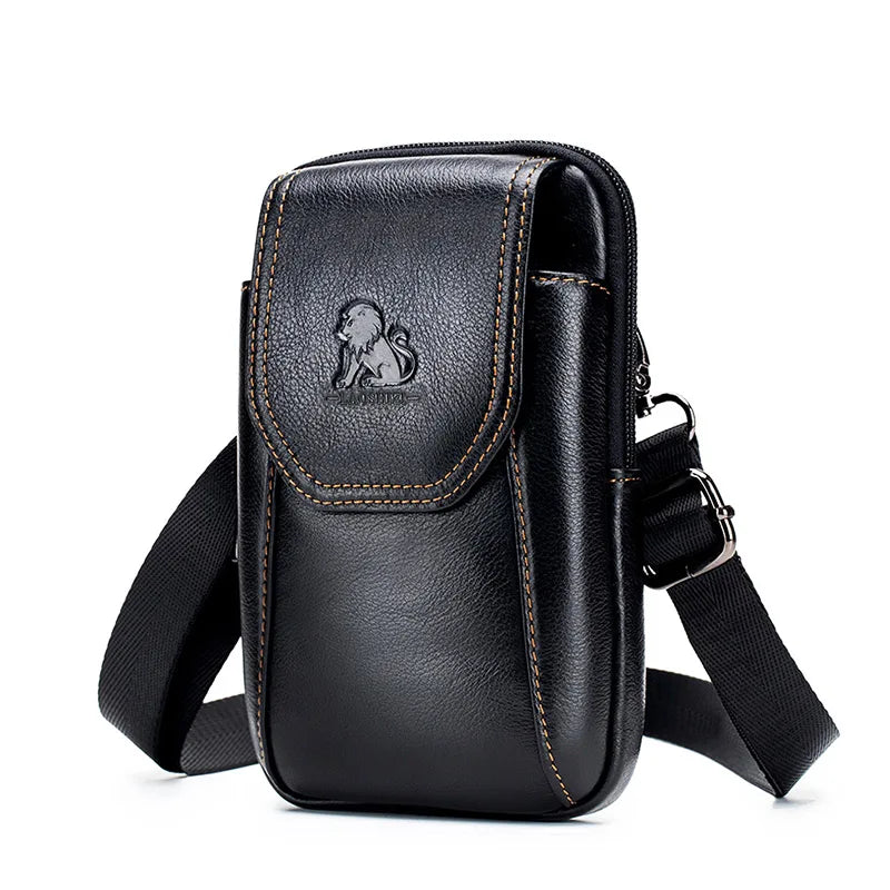 Saco de cintura de cuero genuino masculino auténtico, puede ser desgastado con ganchos, saco del teléfono
