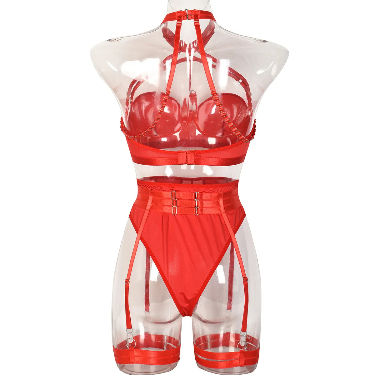 Conjunto de lencería sexy para mujer, con panel de encaje, escote en V profundo, glúteos abiertos, tirantes con forma de corazón de melocotón, cadena cruzada, liguero, ropa interior de tres piezas