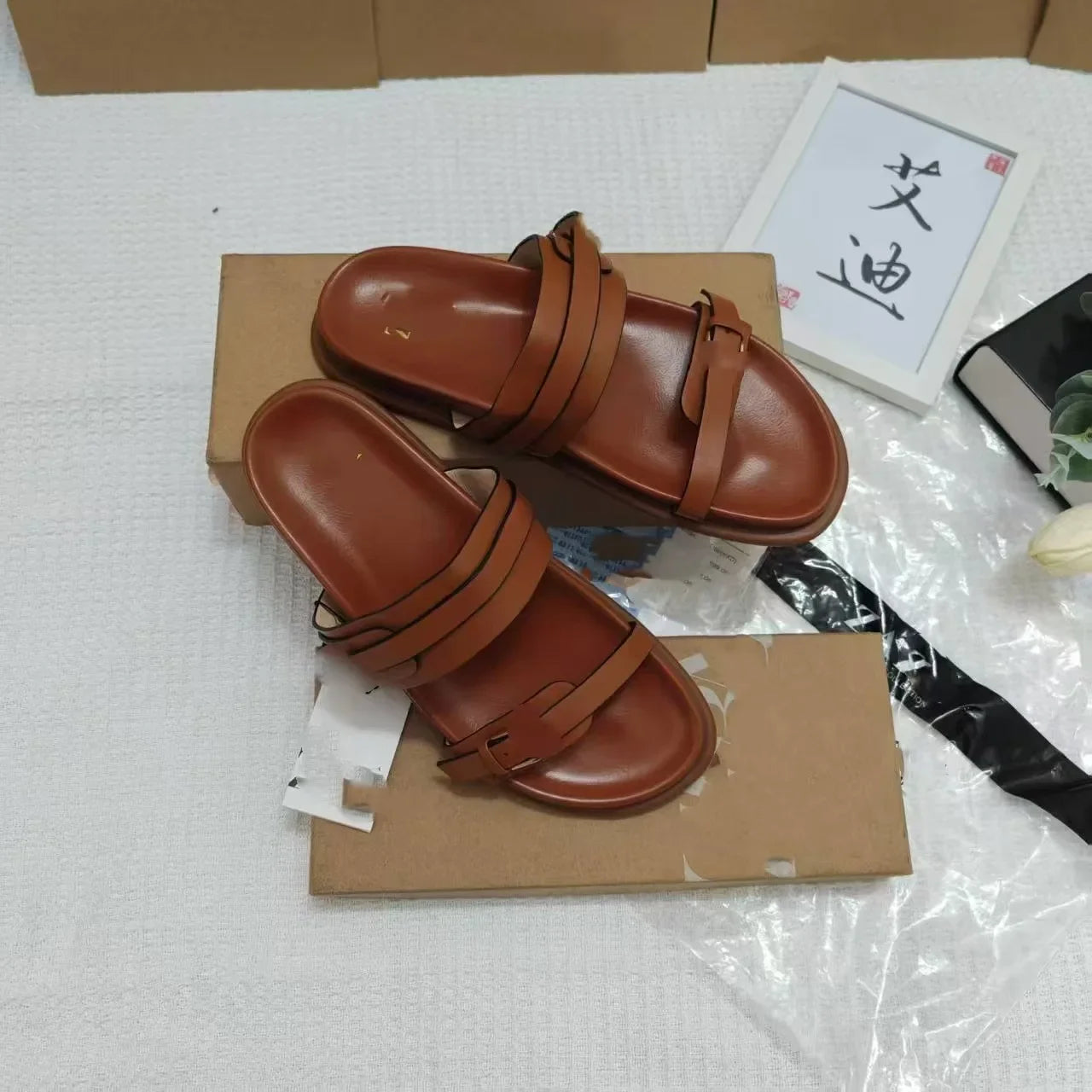 Sandalias planas de tacón grueso para mujer, sin cordones, de piel sintética, con suela de PVC, transpirables, con punta abierta, informales y cómodas.