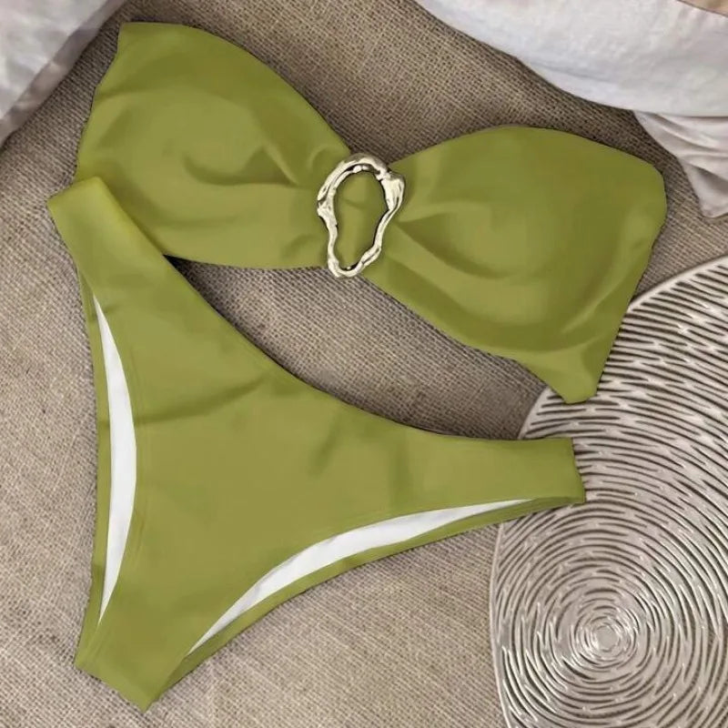 Conjuntos de bikini sin tirantes para mujer, traje de baño de dos piezas con efecto push up, bañadores sexys de color liso, ropa de playa sin espalda para mujer