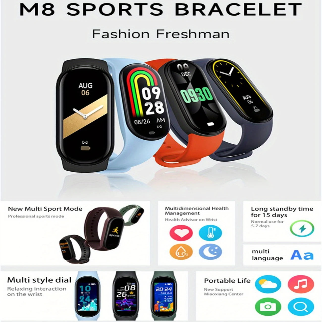 Reloj inteligente deportivo con control de música, seguimiento de calorías, recordatorio de pasos, Bluetooth, M8