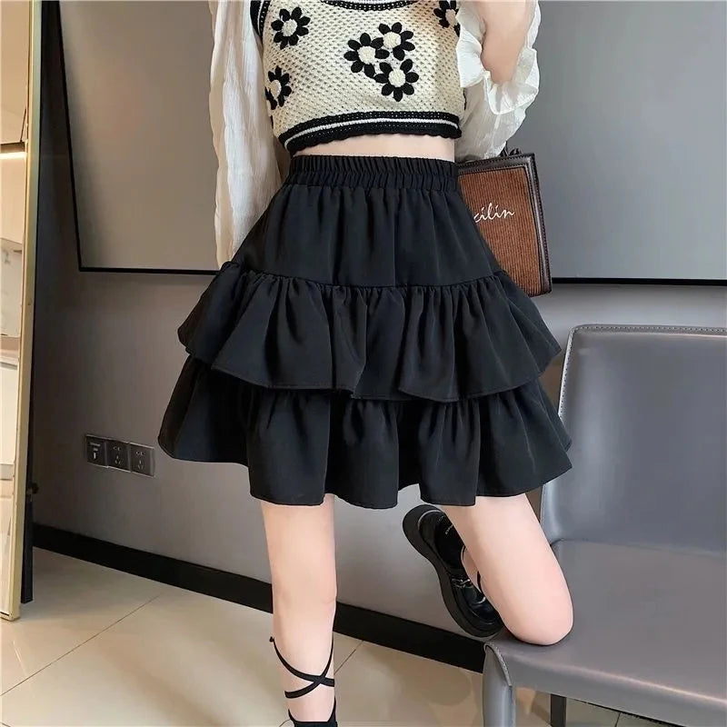Falda plisada de corte A para mujer, blanca, con volantes, estilo dulce y escalonado, cintura elástica, estilo Harajuku coreano básico y ajustado para verano