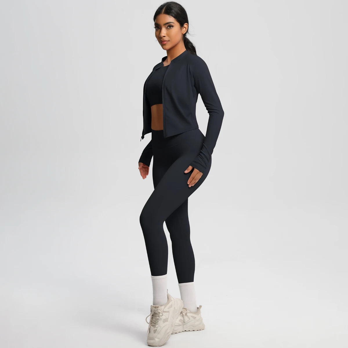 Conjunto de leggings de yoga, top deportivo con cremallera y manga larga, transpirable, para correr al aire libre, pantalones de yoga ajustados e informales, ropa de fitness