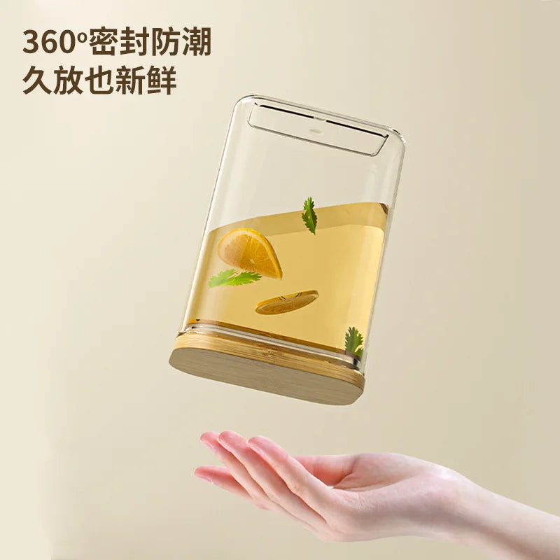 Tarro de plástico cuadrado sellado de 1100 ml para alimentos, con tapa de bambú, para cereales de cocina, transparente, para té y utensilios de cocina.