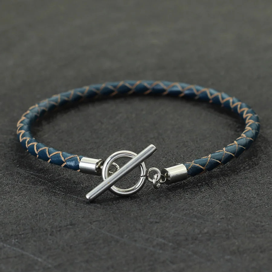 Pulsera de cuero genuino de hip hop para hombre, brazalete con hebilla OT de acero inoxidable resistente a la decoloración, accesorios para hombre, regalos para él, pulsera para hombre