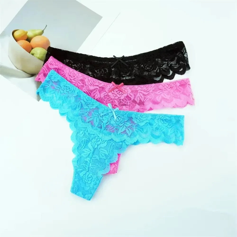 Tanga sexy de encaje de cintura baja para mujer, bragas transparentes, ropa interior erótica, 3 unidades, envío gratis