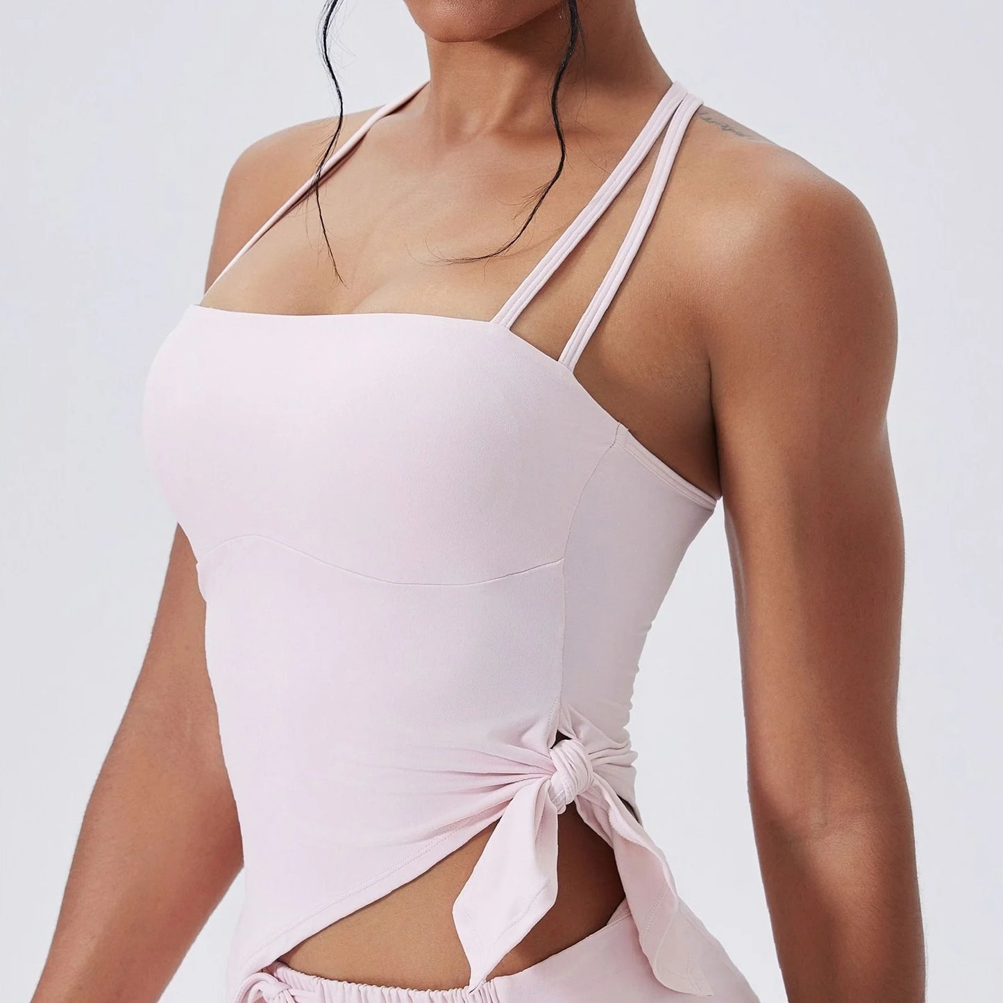Conjunto de yoga de 2 piezas para mujer, camisetas deportivas con lazo lateral, top corto de entrenamiento, conjunto de fitness, leggings de cintura alta para correr y gimnasio