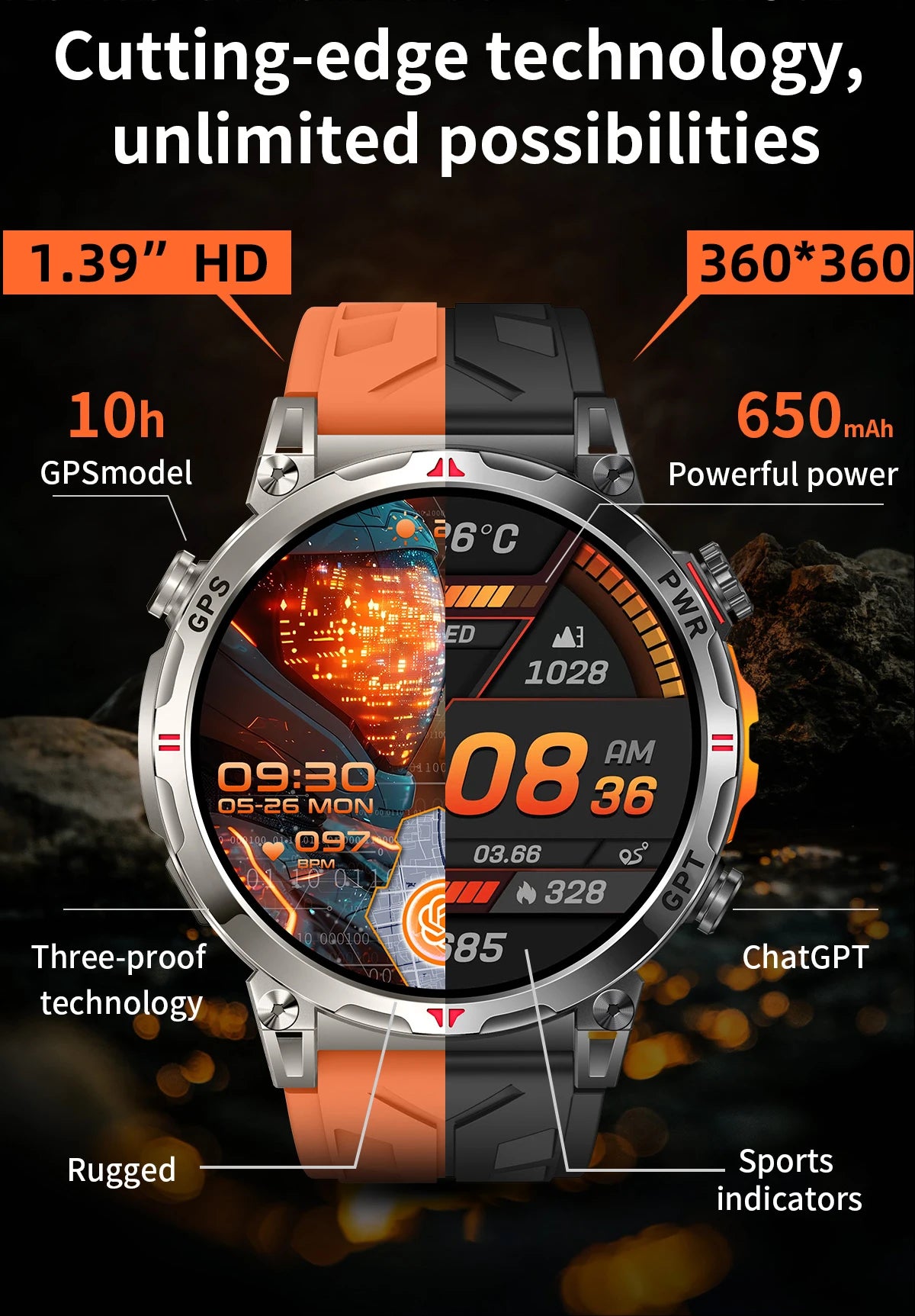 Reloj inteligente con GPS para hombre, pulsera deportiva con control del ritmo cardíaco, Bluetooth, llamadas, 530 mAh, resistente al agua hasta 3 ATM, 2025