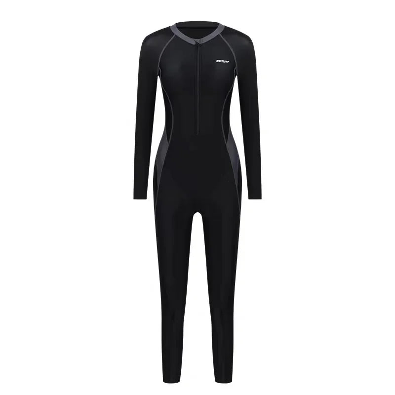 Oferta de temporada: Traje de baño de una pieza, nuevo estilo deportivo, manga larga, térmico, para mujer, talla grande, protector solar, diseño conservador.