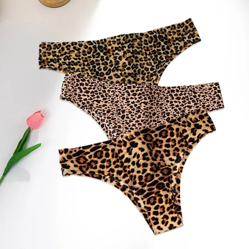 WarmSteps - Conjunto de 3 tangas sexys de leopardo para mujer, ropa interior femenina sin costuras, bragas estampadas de seda helada, 2024