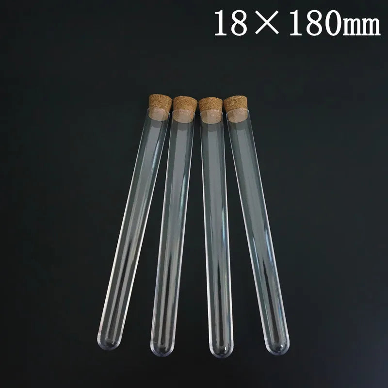 Tubos de ensayo de plástico transparente de 60 mm a 180 mm con tapones de corcho, ideales para laboratorios escolares, regalos de boda, etc.