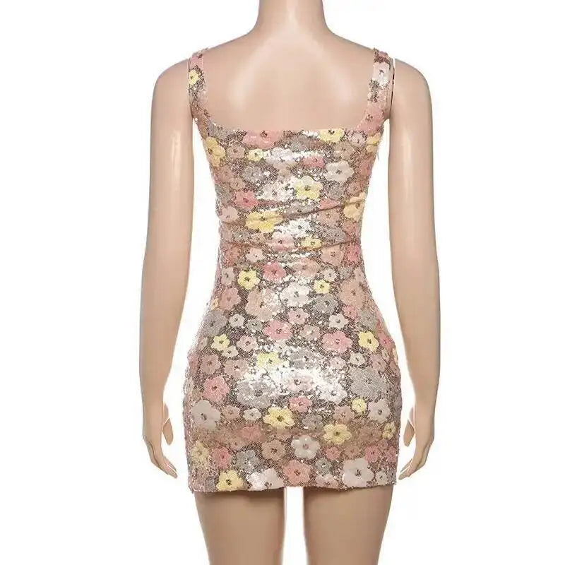 Vestido de fiesta sexy para mujer, estilo discoteca, con lentejuelas florales, tipo pueblo, tirantes finos, mini, primavera/verano 2025, vestido ajustado y entallado.