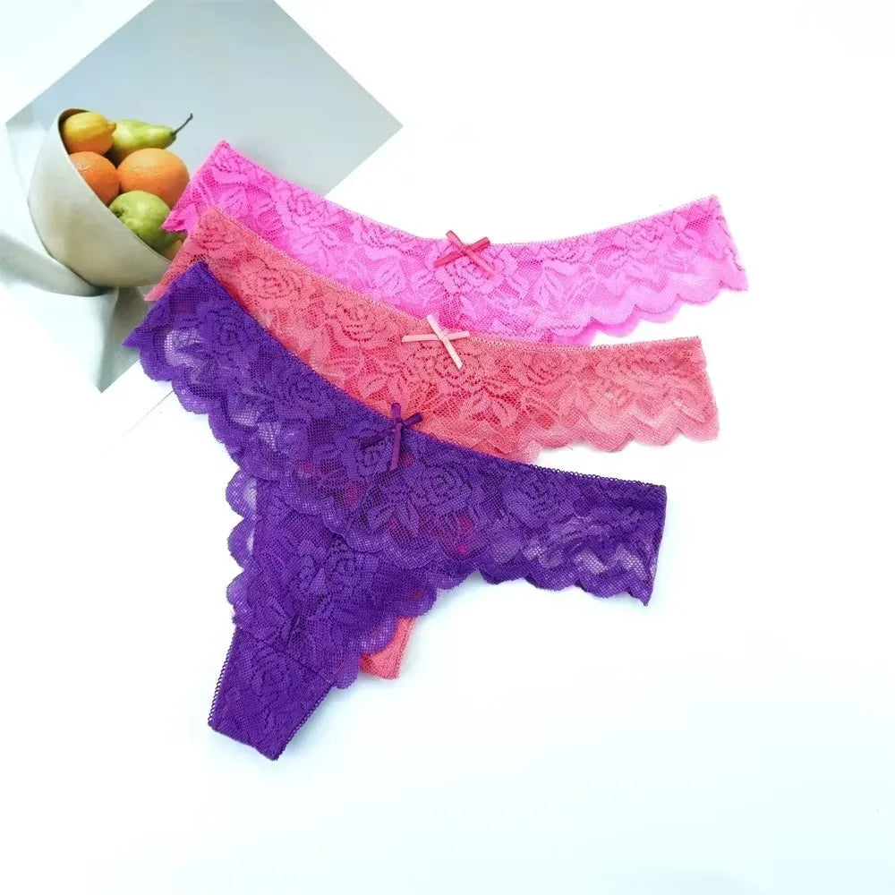 Tanga sexy de encaje de cintura baja para mujer, bragas transparentes, ropa interior erótica, 3 unidades, envío gratis