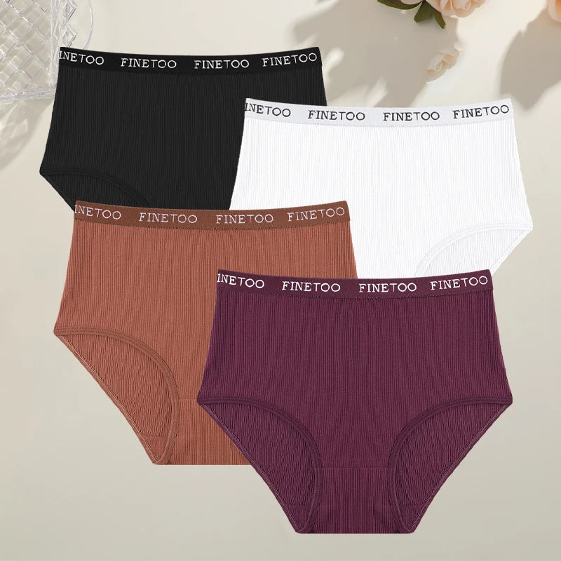 Conjunto de 4 bragas de algodón acanaladas a rayas para mujer, tallas grandes, cintura alta, transpirables, lencería lisa, pantalones cortos S-XXL