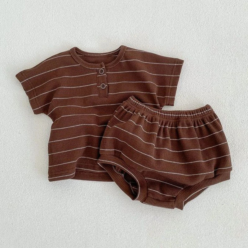 Ropa para niños de 0 a 3 años, conjunto de camiseta y pantalones cortos de algodón puro a rayas de verano, conjunto de manga corta para niñas y vacaciones en la playa