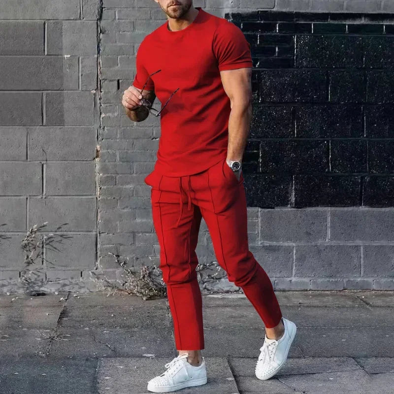 Conjunto deportivo para hombre, otoño 2023, verano, liso, informal, cuello redondo, manga corta, camiseta deportiva, conjunto de dos piezas para hombre