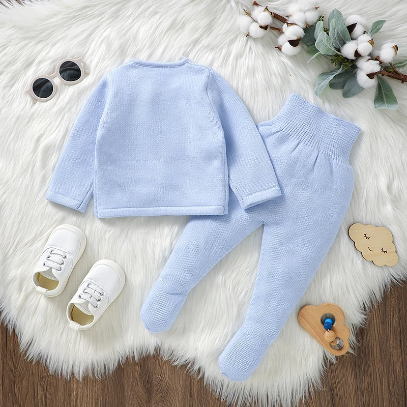 Conjunto de ropa para bebé recién nacido, jersey de manga larga, pantalones, 2 piezas, moda, sólido, cálido, suéter infantil, pantalones, leggings, otoño