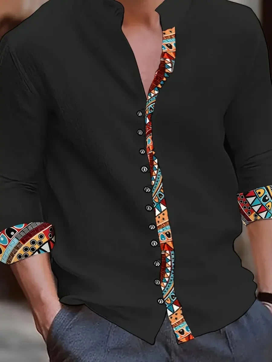 Nueva camisa de lino para hombre, con botones, patrón de tendencia de moda, corte ajustado, cómoda y suave, nueva marca retro.