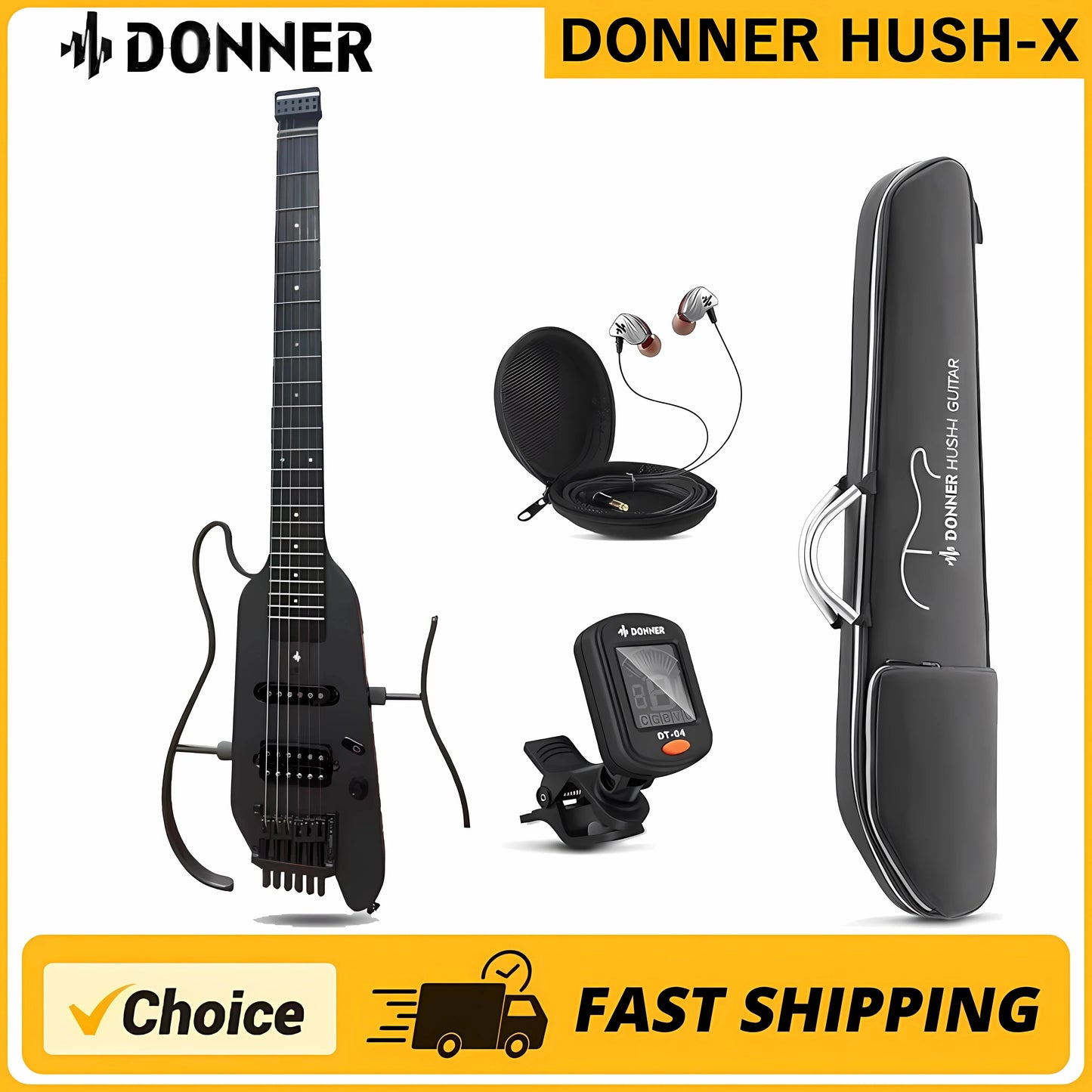 Guitarra acústica de viaje Donner HUSH-X, silenciosa, sin pala, con marcos extraíbles, cuerpo sólido de caoba ultraligero. HUSH X