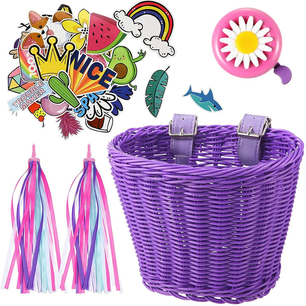Conjunto de cesta de bicicleta para niños, timbre, borla y pegatinas. Cesta de bicicleta de ratán tejida a mano para manillar delantero. Accesorios de ciclismo.