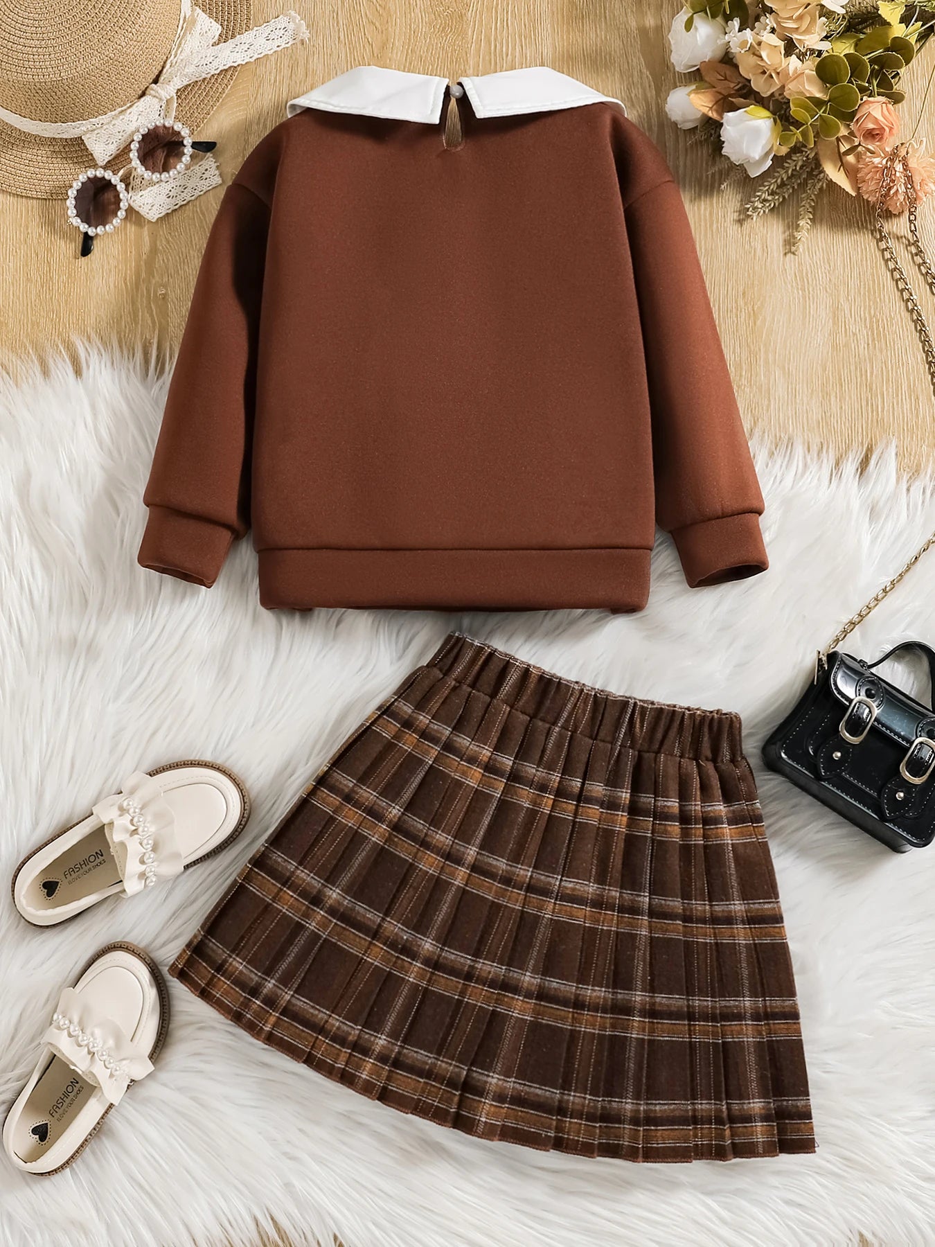 Ropa infantil para primavera y otoño, moda para niñas, lindo conjunto de color liso, top de manga larga con solapa + falda plisada a cuadros dos