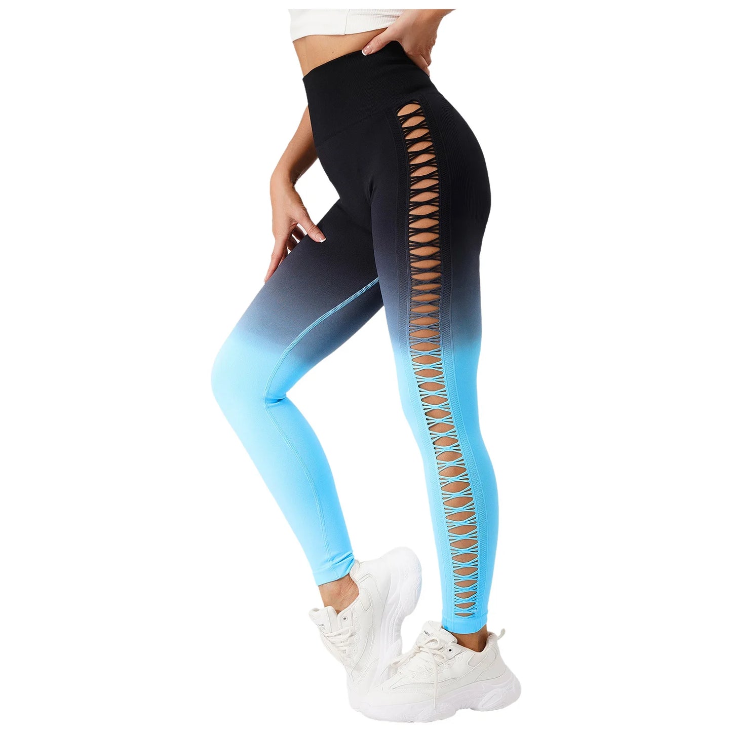 Womens Hip Tight Yoga Pants High Waist Side Hollowed-Out Mesh Design Exercise Yoga Leggings Running Gym Fitness
