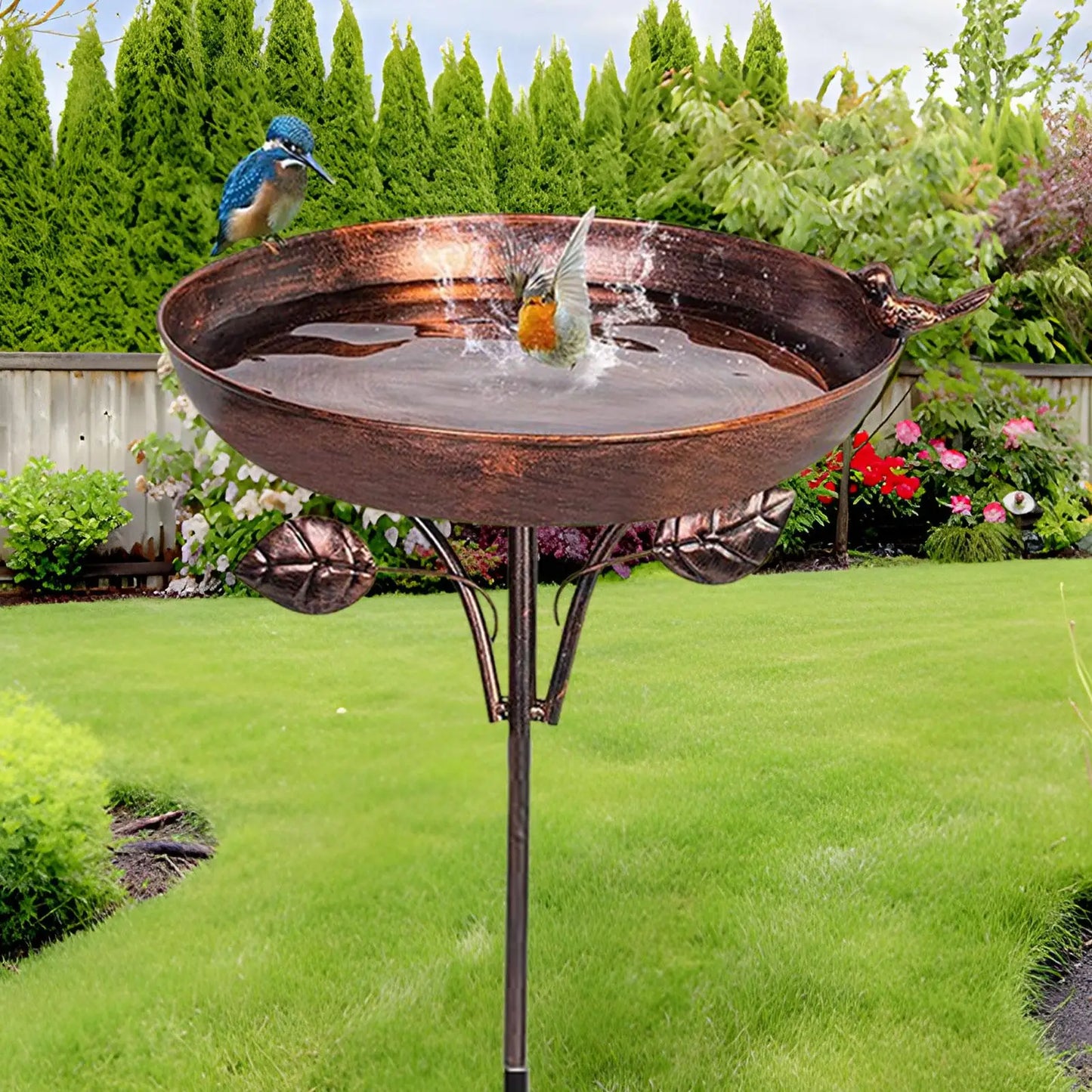 Baño para pájaros de pie, para jardín al aire libre, de metal, cuenco, baño de agua para pájaros, baño antiguo, resistente al invierno.