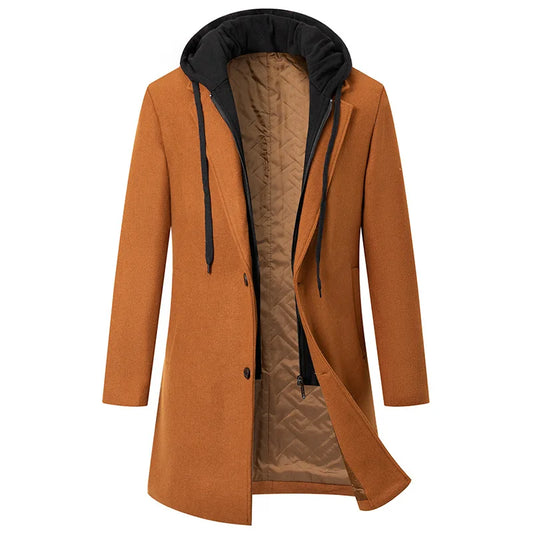 Autumn Winter Men's Wool Trench Coat Fashion Hooded Warm Long Woollen Coats Business Casual Turn Down Collar Woolen Blend Men