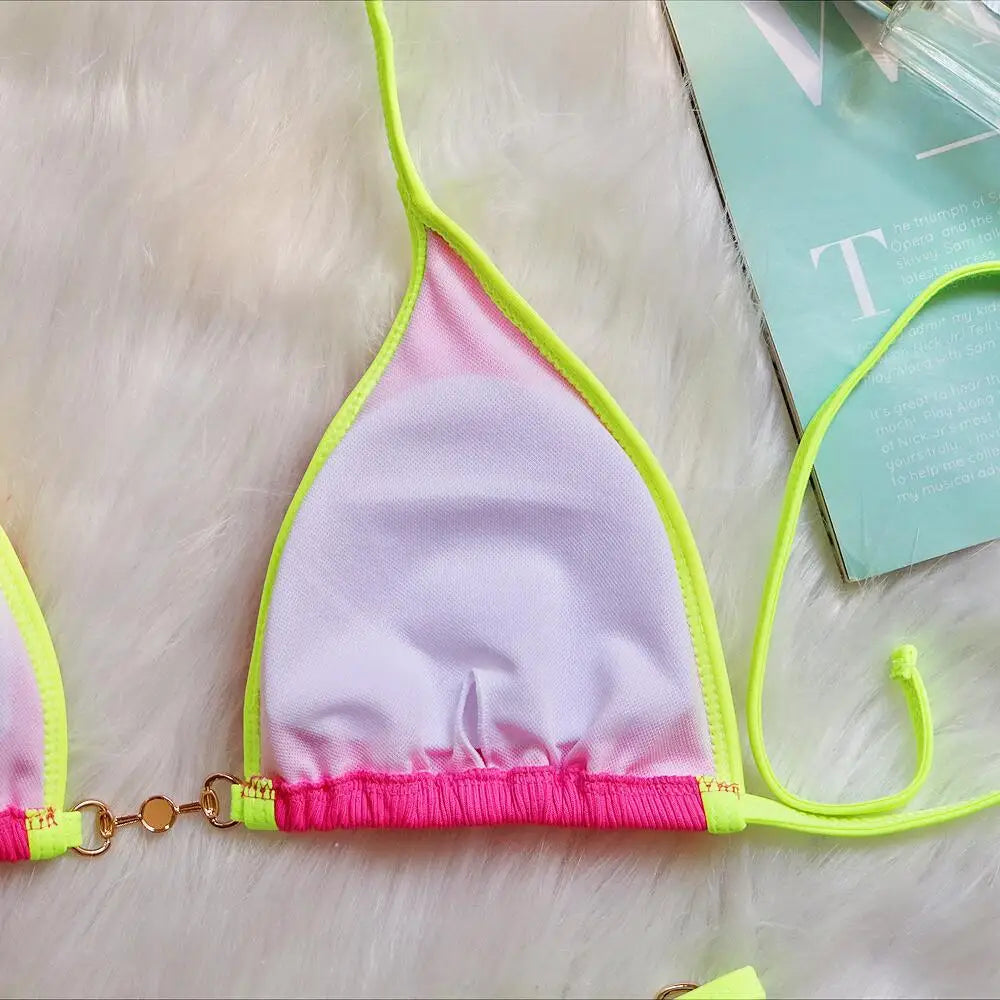 Bikini sexy con cuello halter y perlas para mujer, traje de baño femenino de dos piezas con ribete acanalado