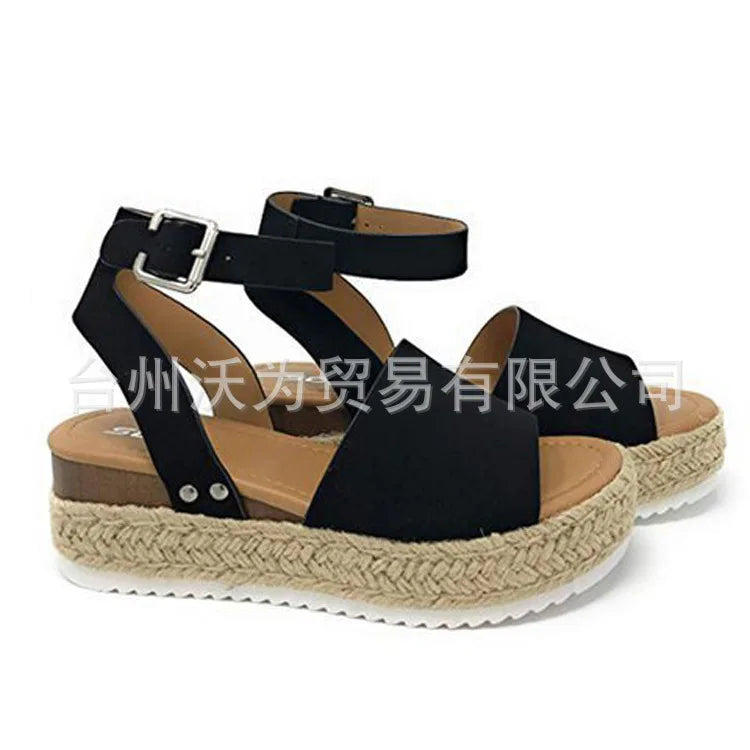 Sandalias de mujer de talla grande, estilo verano 2021, suela gruesa, diseño de hebilla y correa tejida, cómodas cuñas secas de EVA, sandalias romanas