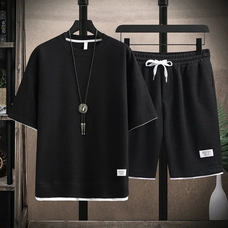 Conjunto deportivo informal de verano para hombre, pantalones cortos de manga corta con cordón, pantalones holgados de cinco cuartos, traje fino de dos piezas para hombre