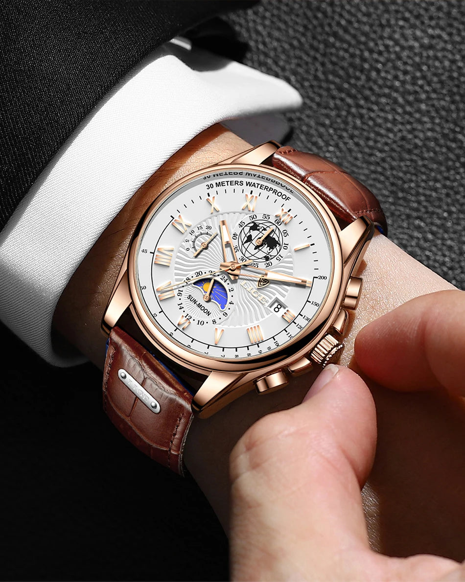 LIGE 2024 - Nuevo reloj de cuero azul para hombre, marca de lujo, resistente al agua, deportivo, con fecha, de cuarzo, Masculino