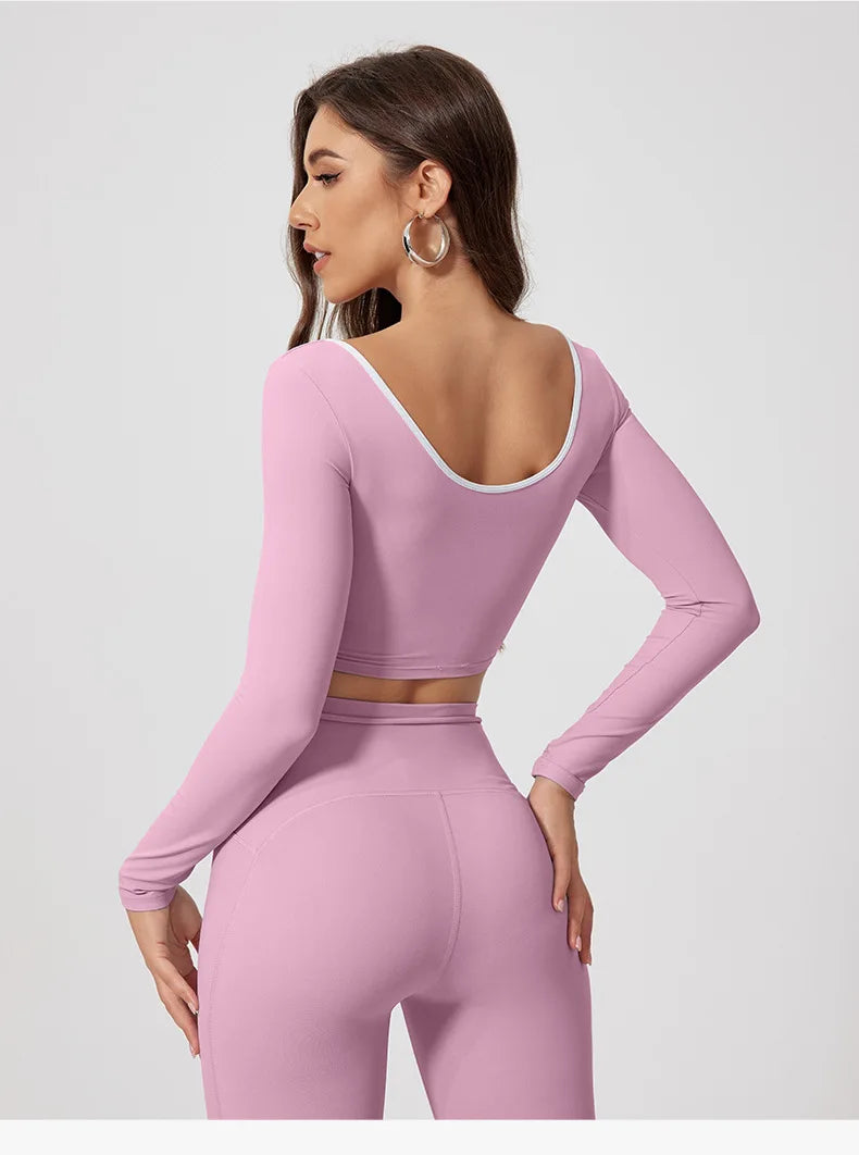Conjunto de yoga para mujer: camiseta de manga larga, ropa deportiva, top corto, leggings de cintura alta y conjunto deportivo.
