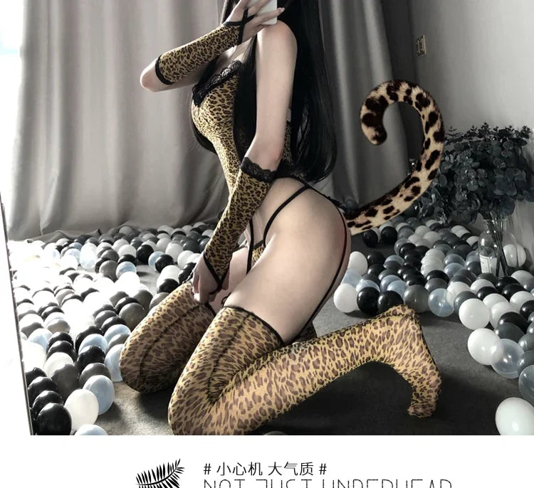 Erotic Sexy Lingerie Bodysuit Women Teddy Leopard Cat Girl Cosplay Costumes Anime Maid Love Live Temptation Uniform with Socks