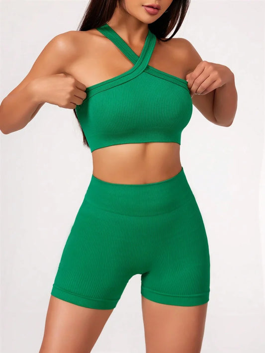 Conjunto de 2 piezas de yoga con sensación de desnudo para mujer, ropa de entrenamiento, pantalones cortos de yoga de cintura alta y sujetador deportivo con tiras, conjuntos cortos de verano