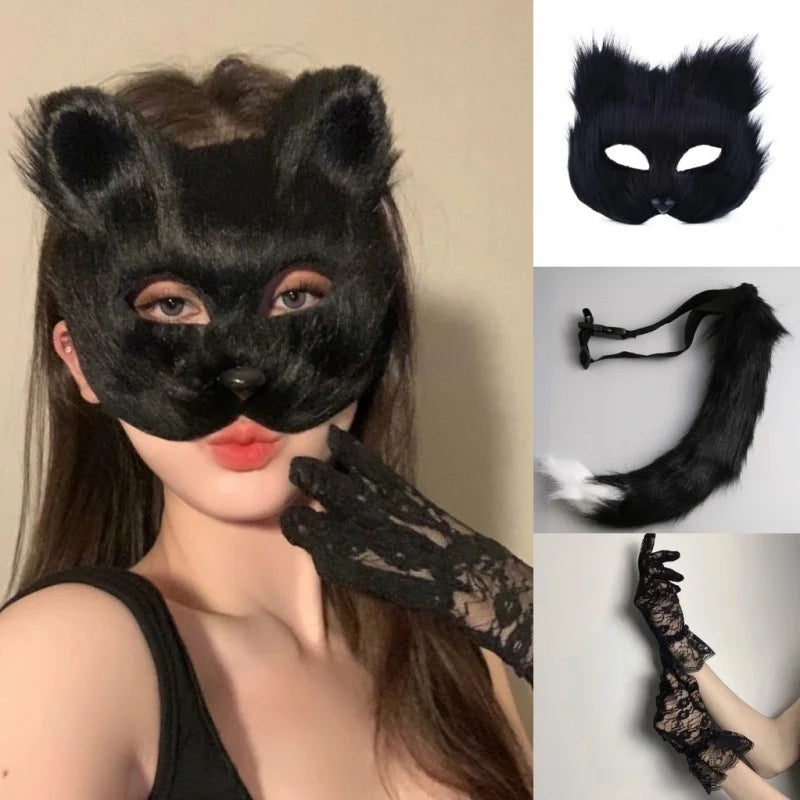 Halloween Cosplay Make-up Fox Shape Face Mask Carnival Stage Party Cartoon Cat Hair Mask Costume Props Sexy Lady Imitation Toy