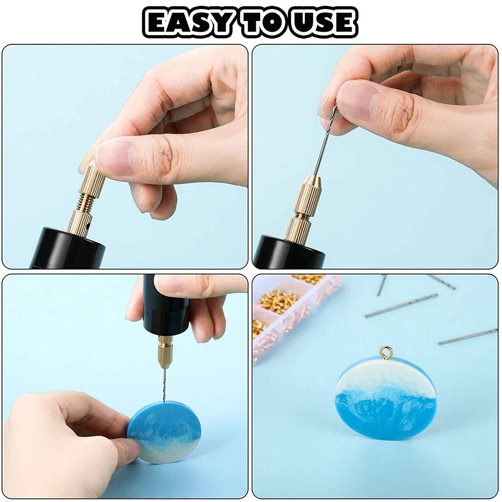 Juego de taladro eléctrico para resina, incluye tornillos de ojo, brocas helicoidales, minitaladro eléctrico para hacer llaveros y manualidades.