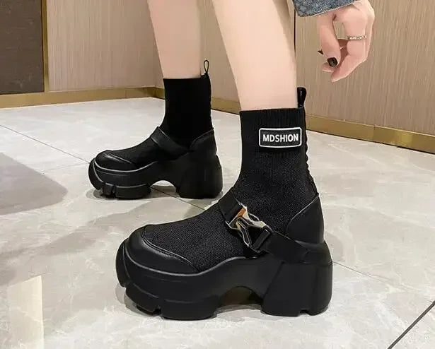 Botines de plataforma alta de 8 cm para mujer, botas cortas con suela gruesa y suela gruesa, antideslizantes, para motocicleta, para otoño