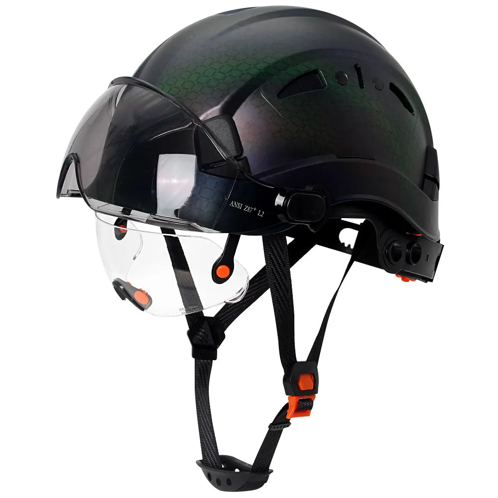 Casco de seguridad con patrón de fibra de carbono y gafas de doble visera para ingenieros, casco de seguridad CE ANSI ABS, gorra de trabajo industrial, rescate