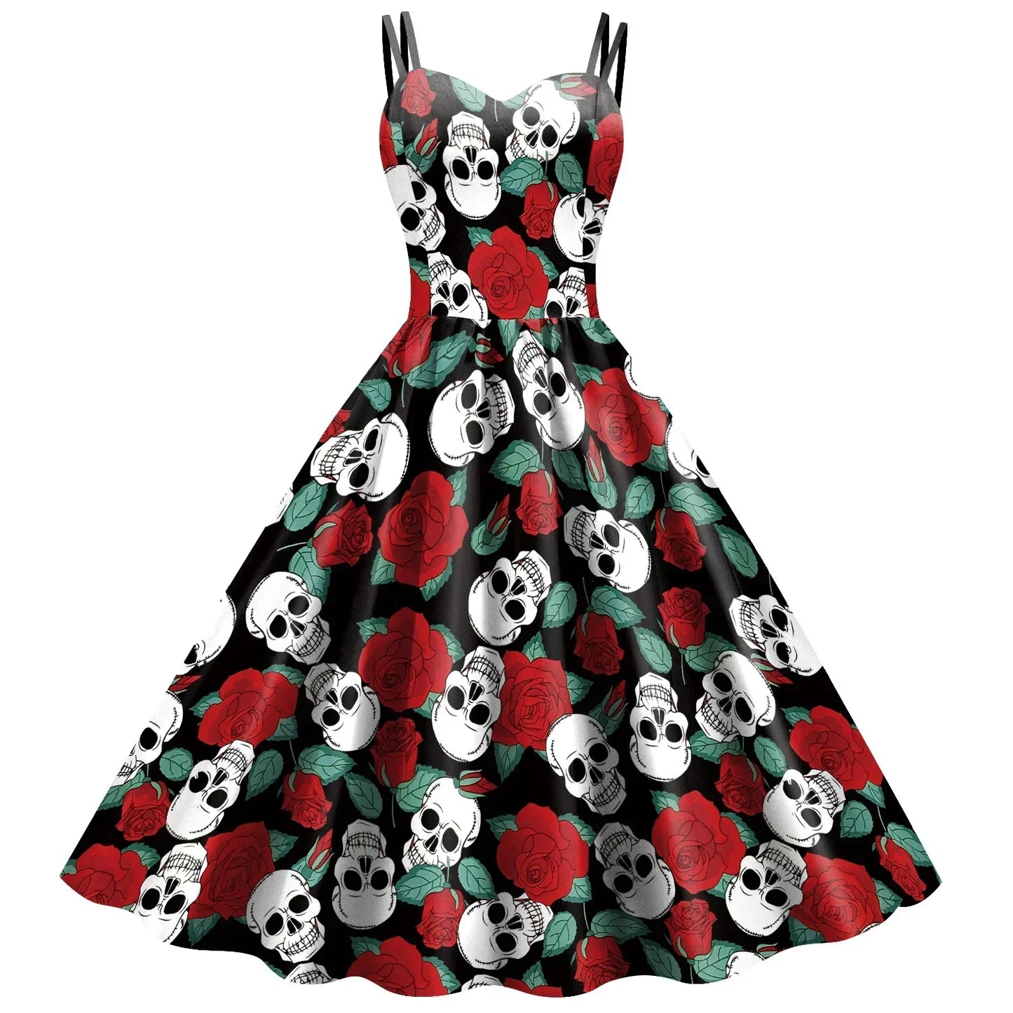Halloween Costume Skeleton Rose Print Women Girl Female Goth Horror Rockabilly Carnival Fancy Dress Up Party Performance